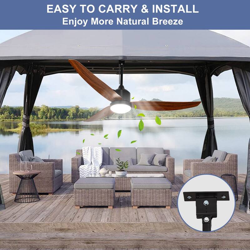 Outdoor Ceiling Fan with Light: 42-52 Inch Hanging - Plug in Waterproof Fans for Patio - Dimmable Remote App Control Black