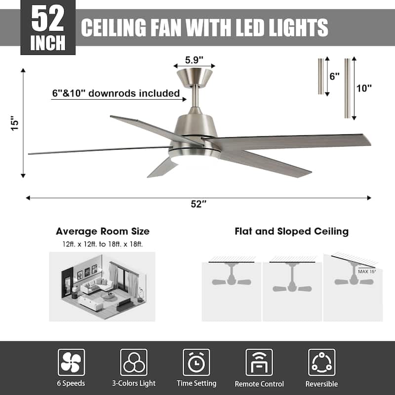 52" Nickel Reversible Modern Smart LED Ceiling Fan with Remote and App Comtrol