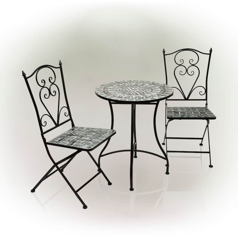 Alpine Corporation Indoor/Outdoor Marbled Glass Mosaic 3-Piece Bistro Set Folding Table and Chairs Patio Seating