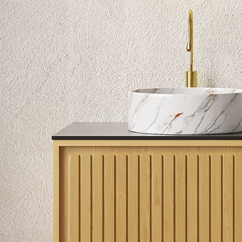 GDFStudio - Kolas Modern 30" Floating Bathroom Vanity, Corolla Oak Finish & Black Sintered Stone Countertop, WITHOUT Faucet