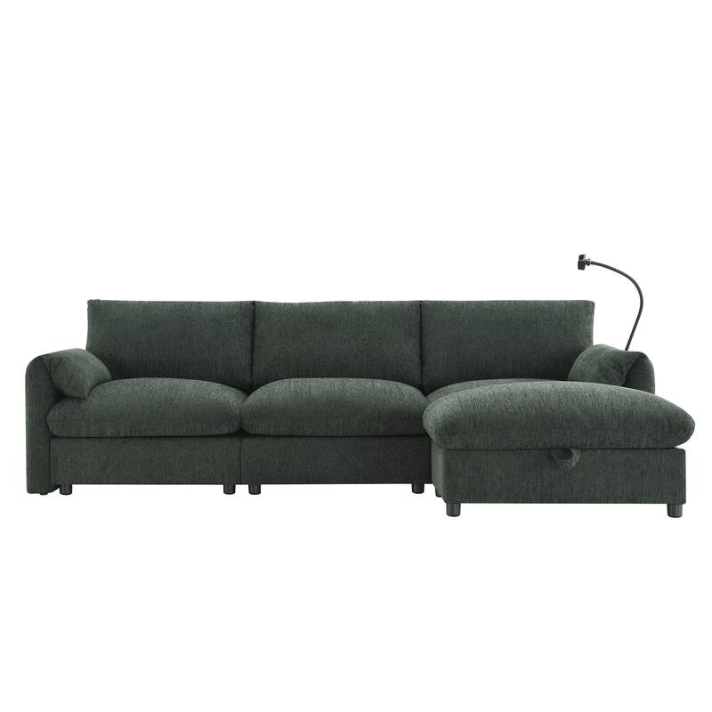 L Shaped Chenille Sectional Sofa with Storage Ottoman, Pockets, USB