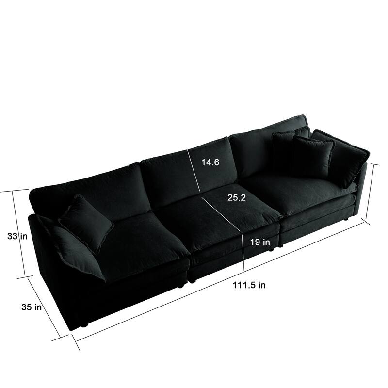 Black 3-Piece Chenille Sofa Set with 3-Seater Sofa and 2 Loveseat Sofas