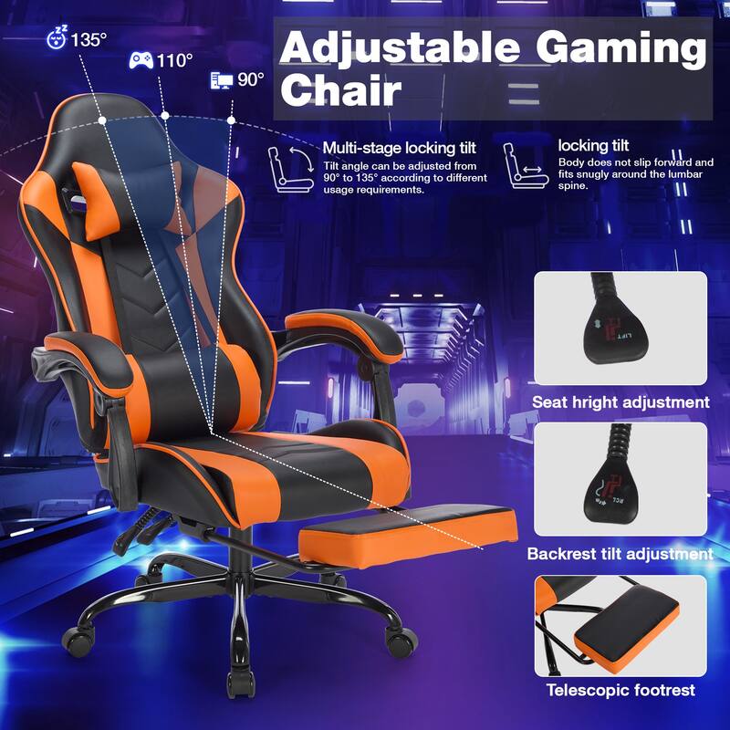 Leather Gaming Chair with Footrest, Massage Lumbar Support and 330lb Capacity