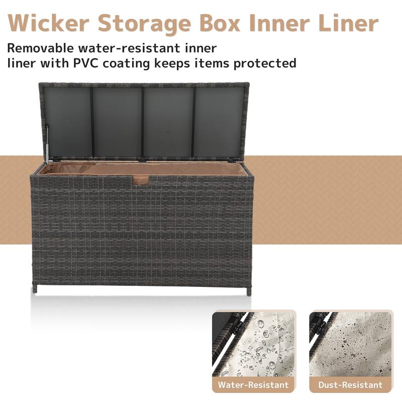 120 Gallon Outdoor Wicker Cushion Storage Storage Box, Garden Deck Bin with Aluminum Frame - 51.2” (L) x 20.5” (W) x 29” (H)