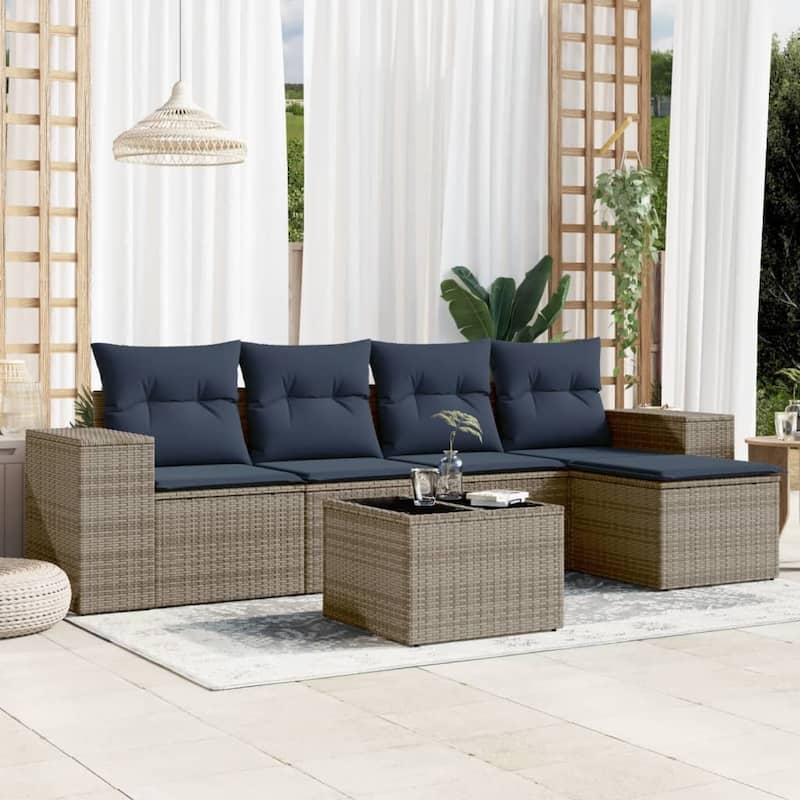 vidaXL 5/6 Piece Patio Sofa Set with Cushions Gray/Brown/Black Poly Rattan - 21.7" x 24.4" x 27.2" - Grey and blue With table