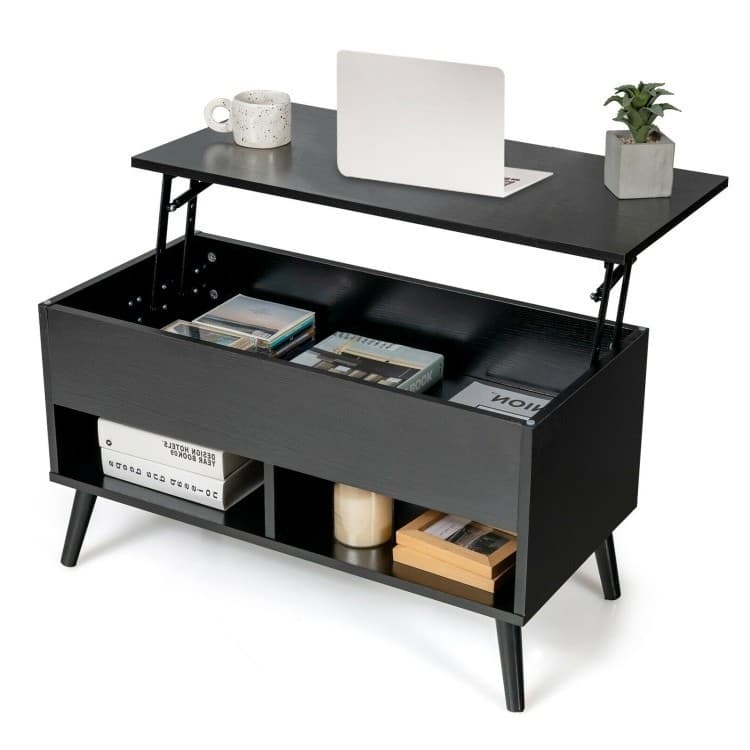 Mid-Century Lift-Top Coffee Table Sofa Laptop Desk in Wood Top Finish - Black