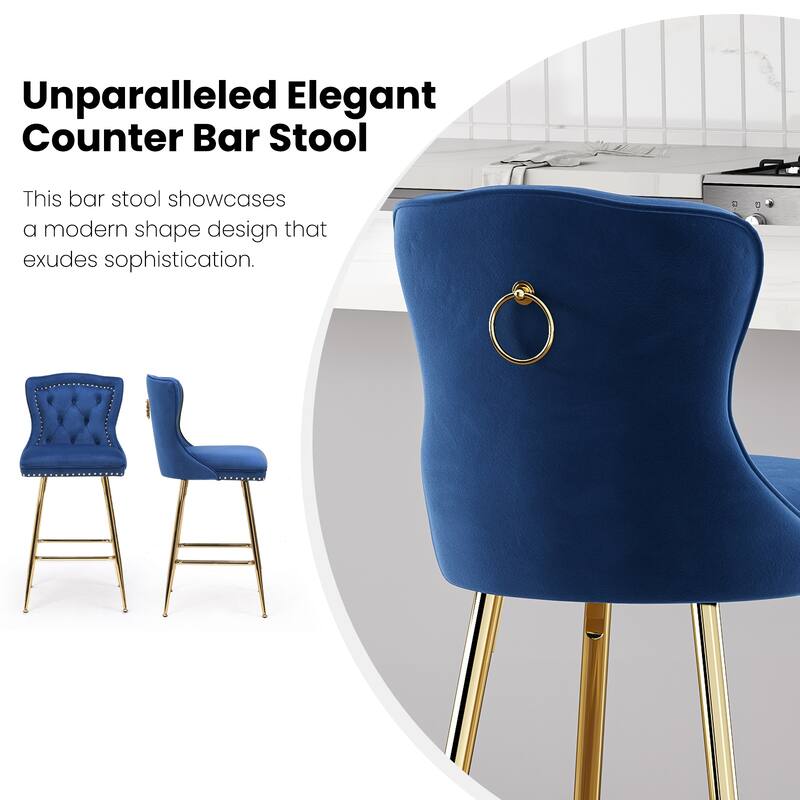 Set of 2 Royal Blue Velvet Wingback Bar Stools, Button Tufted with Nailhead Trim & Metal Legs