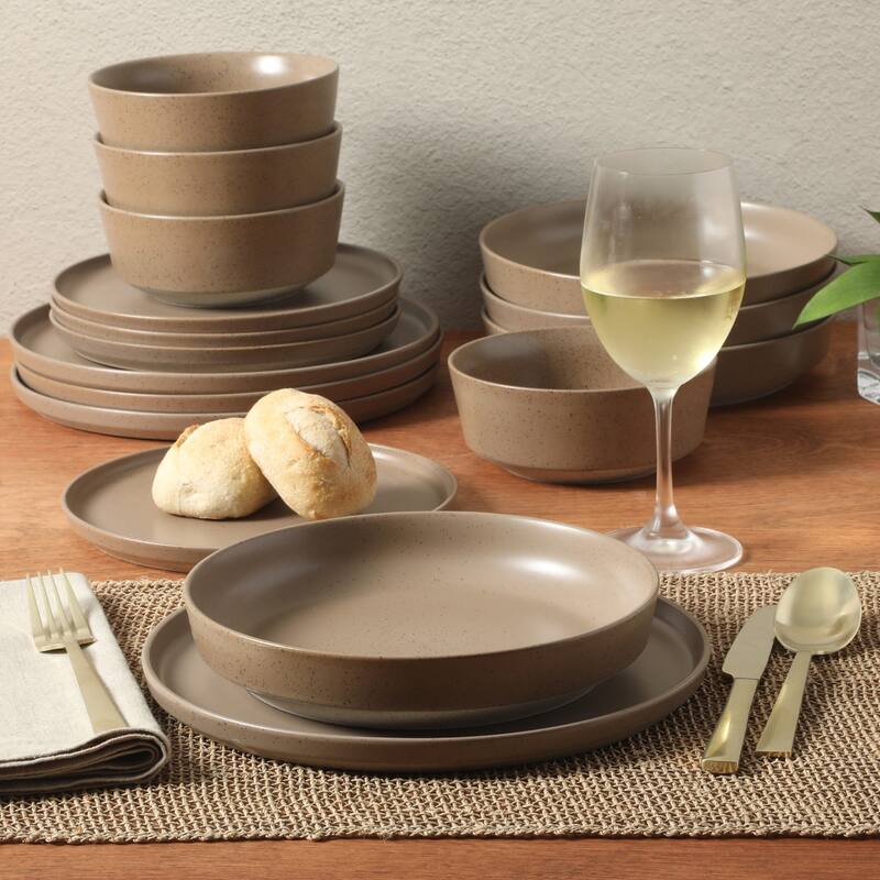 Gibson Elite Overbrook 16-Piece Pottery Clay Stoneware Stackable Dinnerware Set - Plates & Bowls, Reactive Glaze, Service for 4