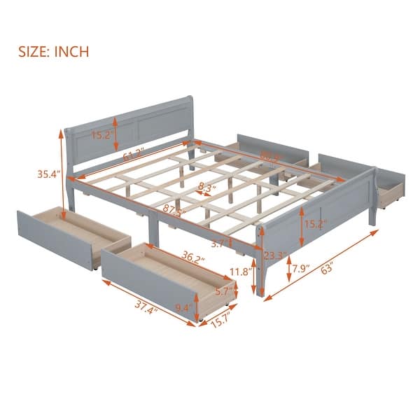 dimension image slide 3 of 12, (Twin/Full/Queen)Curved Legs Design Platform Bed Frame with 4 Drawers