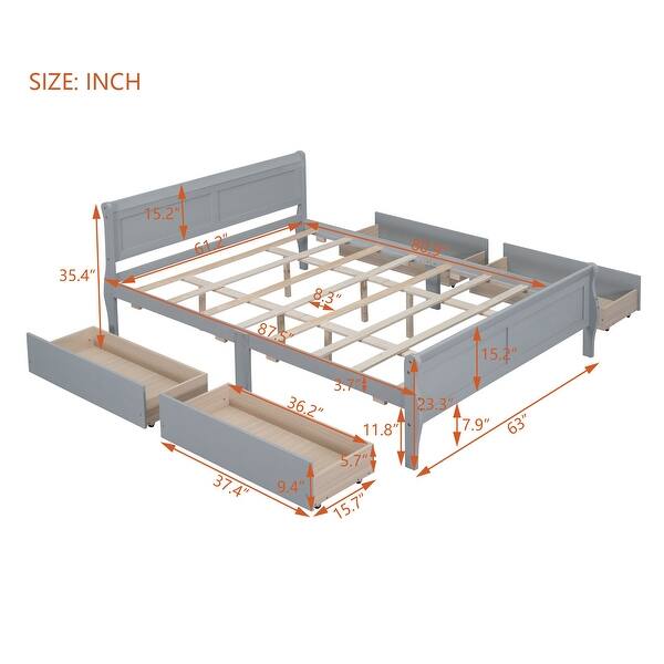 Queen Size Bed Frame Solid Pine Wood Construction Storage Bed Curved Legs Design Platform Bed with Headboard & 4 Drawers, Grey