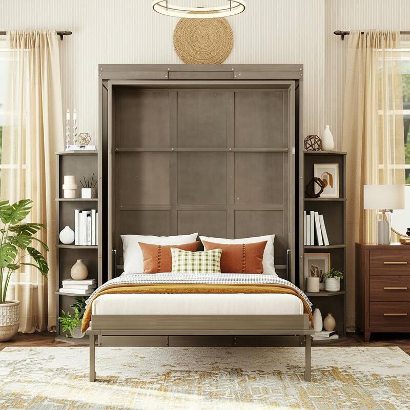 360° Rotating Queen Murphy Wall Bed with Hidden Cabinet, Fold-Down Desk & Dual 3-Tier Bookcase Towers by Harper&Bright Designs