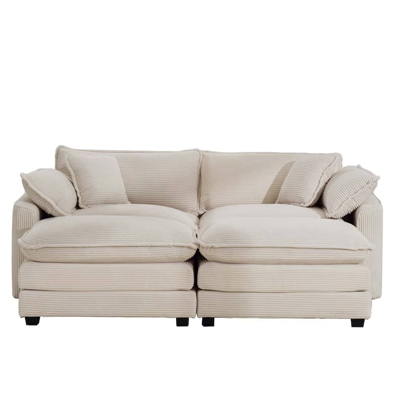 GDFStudio - Fiber Corduroy 2 Seater Sofa with Dual Ottomans Set