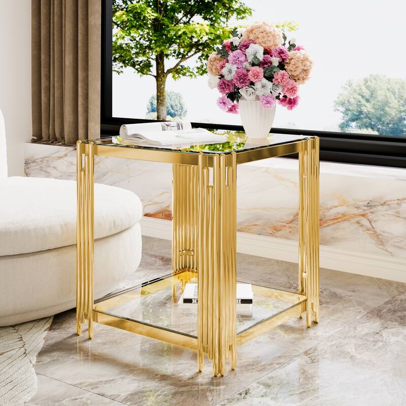 19.9" Modern Transparent Glass End Table for Living Room, Square,Asymmetrical Metal, Gold Finish & Lower Shelf - Transparent