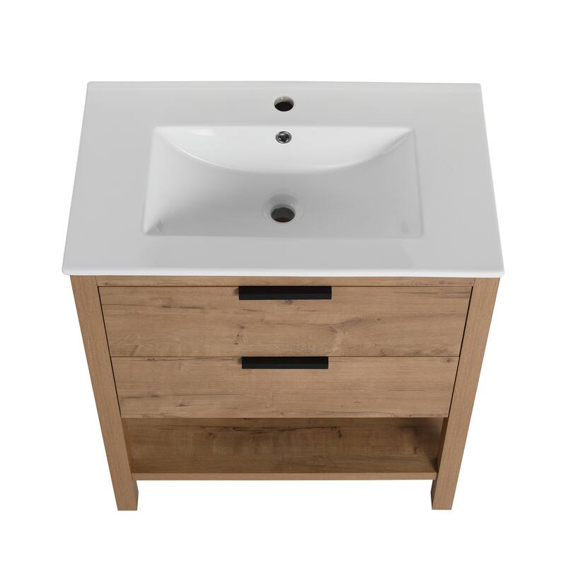 30" Bathroom Vanity with Ceramic Sink, Freestanding, Soft Closing Drawers, 4 Wood Feet, Durable and Water-Resistant