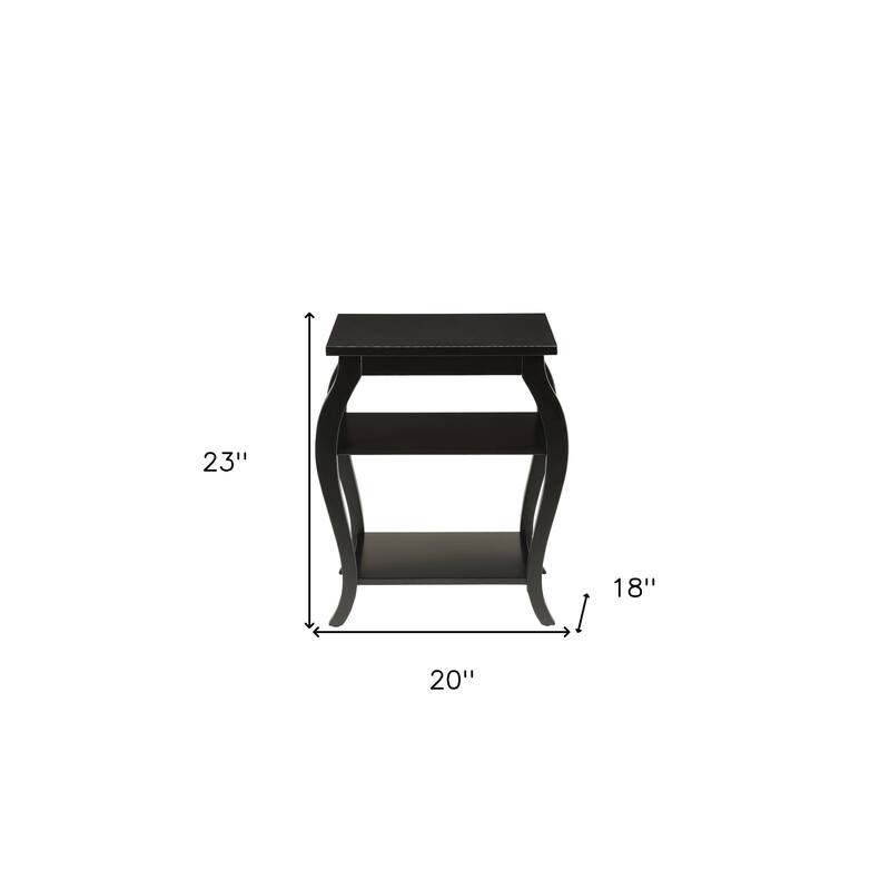 HomeRoots 23" Black Wood Bow Leg End Table With Two Shelves - 20" W x 18" D x 23" H