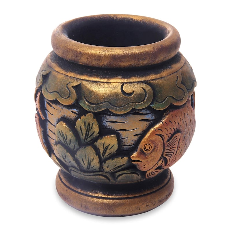 Handmade Balinese Goldfish Mahogany Decorative Vase (Indonesia)