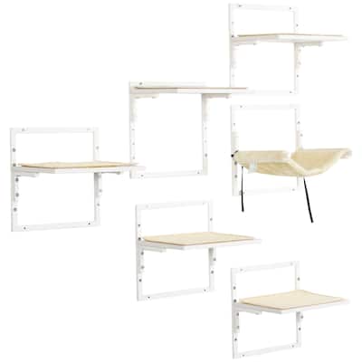 PawHut 6-pc Modern Cat Wall Shelves for Indoor Cats, Height Adjustable Jumping Platforms & Cat Hammock
