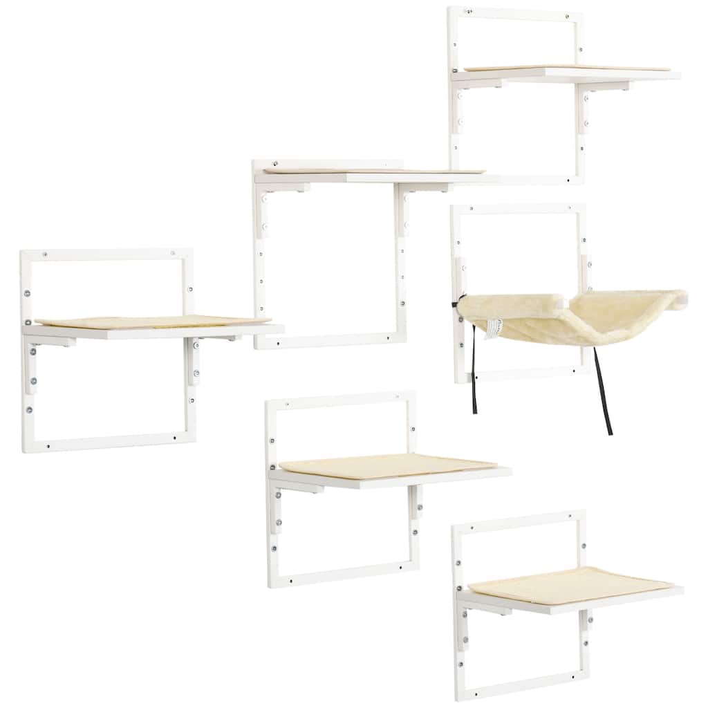 PawHut 6-pc Modern Cat Wall Shelves for Indoor Cats, Height Adjustable Jumping Platforms & Cat Hammock