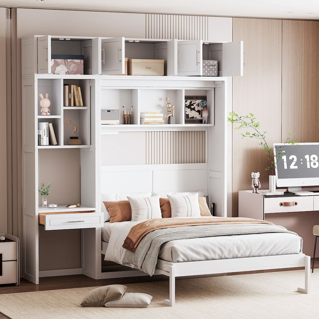Full Size Space Saving Murphy Bed with Desk, Cabinets, and Shelves, White