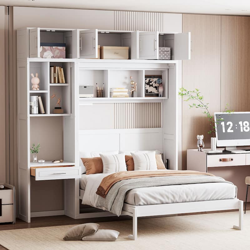 White Full Size Murphy Bed with Built-In Desk, Storage Shelves, and Top Cabinets, Space-Saving Design