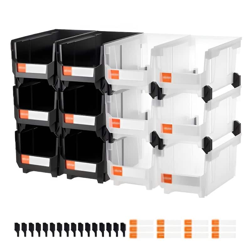 12-Pack Stackable Storage Bins with Front-Open Design for Garage Kitchen or Office Organization - 14.8 x 8.5 x 7.1 inch