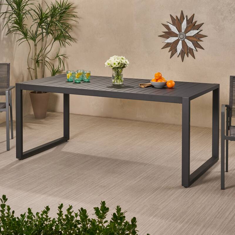 Aluminum Dining Table Slatted Top U Shaped Legs Outdoor Patio