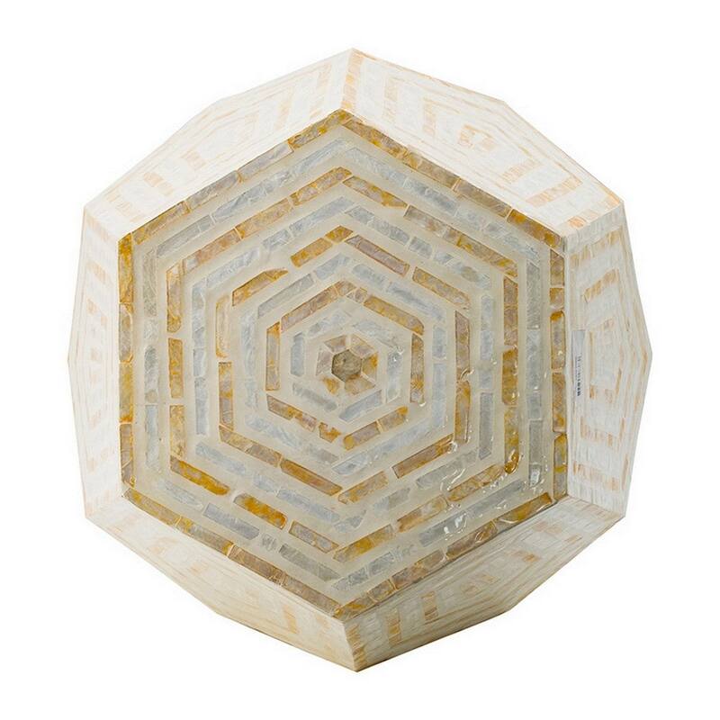 21 Inch Capiz Accent Stool Table, Hexagonal Drum, Angled Look, Beige White - 20.9 H x 18.1 W x 18.1 L