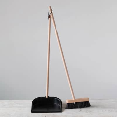 Beech Wood Broom and Standing Metal Dust Pan Set
