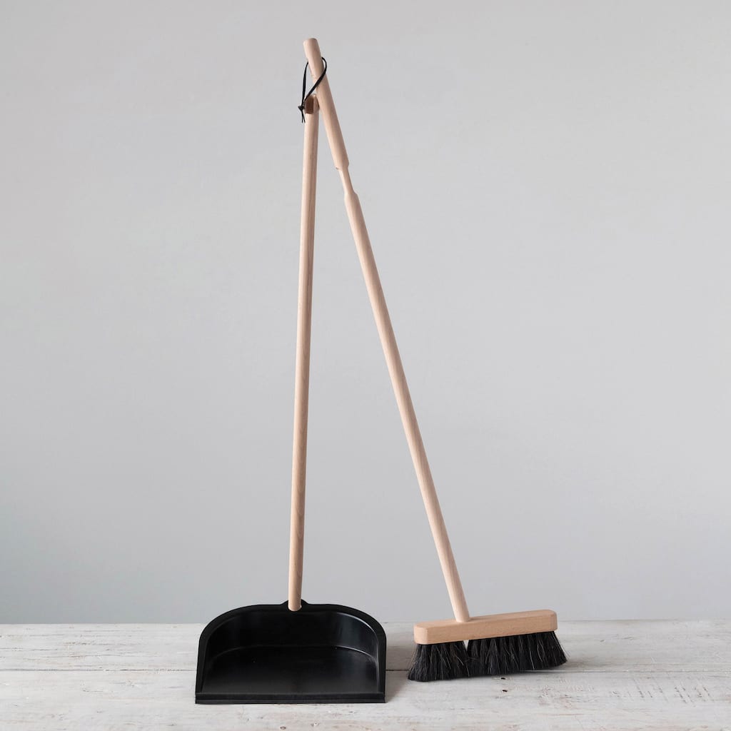 Beech Wood Broom and Standing Metal Dust Pan Set