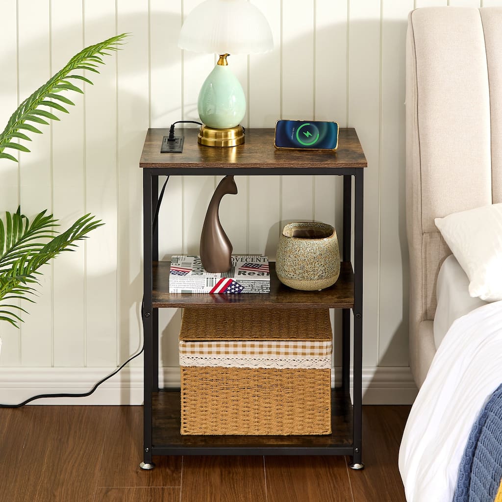 Javlergo Nightstand with Charging Station, Side End Table with 3-tier Open Storage