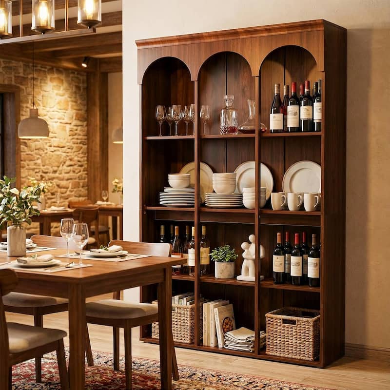 70.9" Tall Arched Bookcase for Living Room, 5-Tier Freestanding Wooden Bookshelf, Mid-Century Modern Library Book Shelving Unit