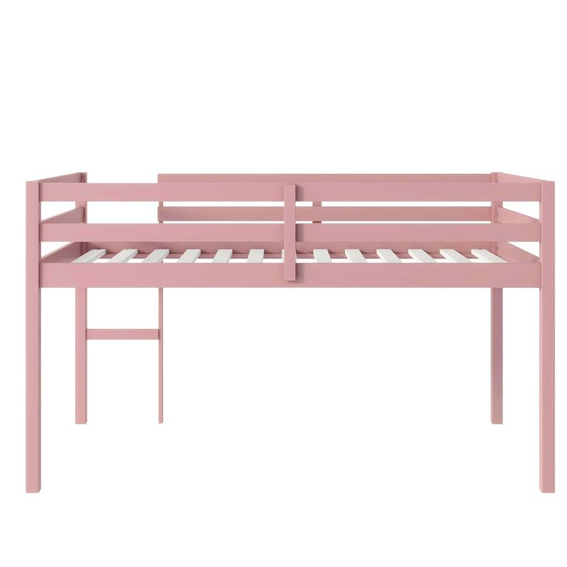 Pink Twin Loft Bed with Ladder, Rubber Wood Frame, Strengthened Slats, Low Height Design, Ample Under-Bed Storage