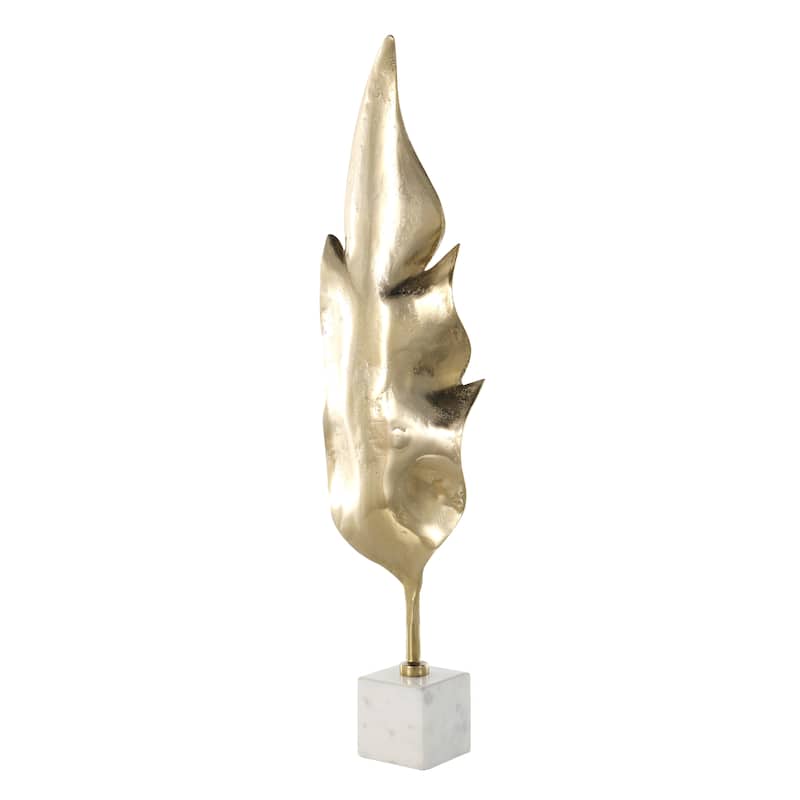 Gold Aluminum Metal Tall Textured Leaf Sculpture with White Marble Base