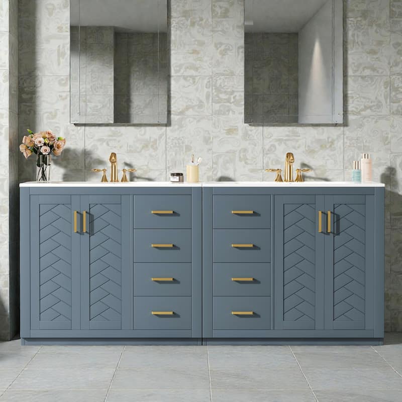 72" Solid Wood Freestanding Bathroom Vanity with Dual Ceramic Sinks, Double Storage Cabinet with Drawers and Soft-Close Doors - Blue