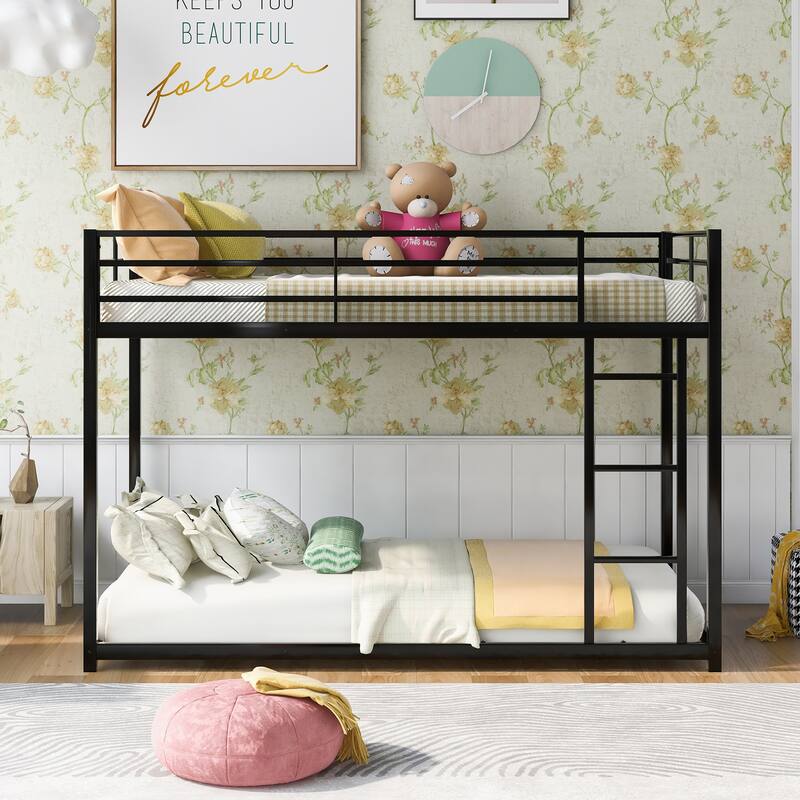 Twin over Twin Metal Bunk Bed with Ladder, Low Design, Black