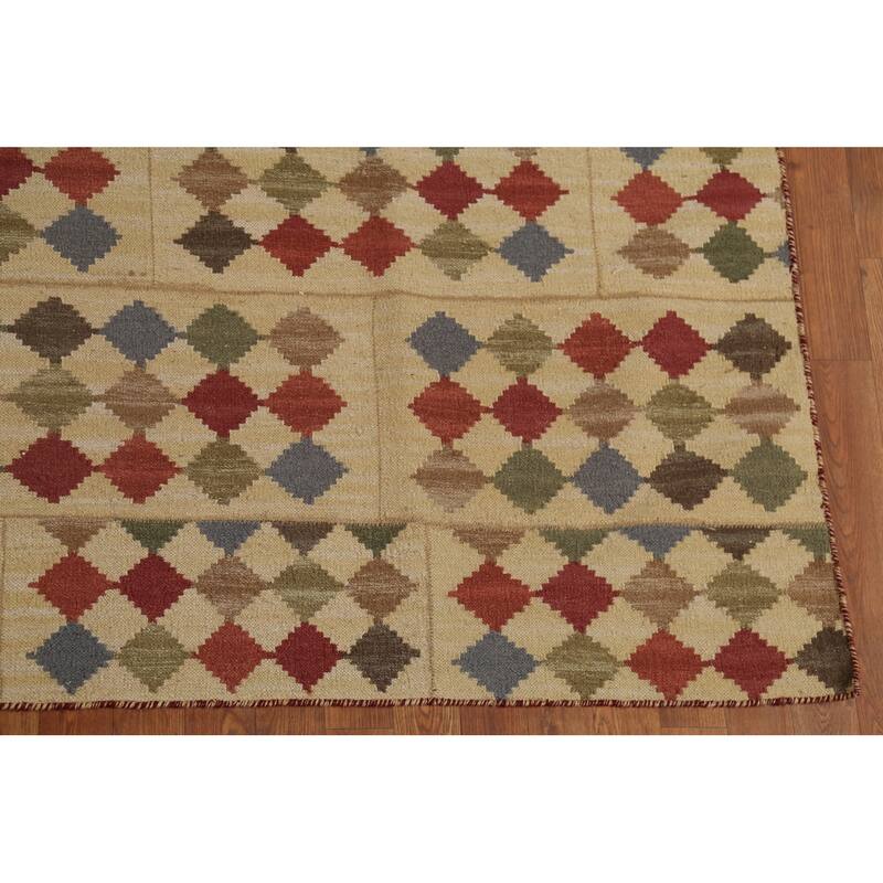 Geometric Kilim Oriental Area Rug Flatweave Beige / Ivory Wool Carpet - 7'8"x 10'0"