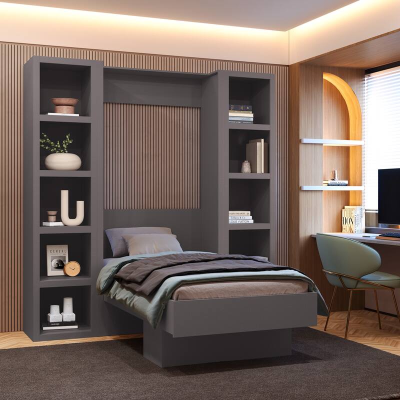 Easy-Lift Twin Murphy Wall Bed with Two Bookshelves