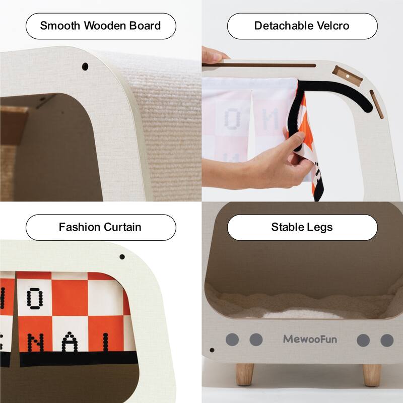 Wooden TV-Shaped Cat Bed, Cat House with Cushion - White