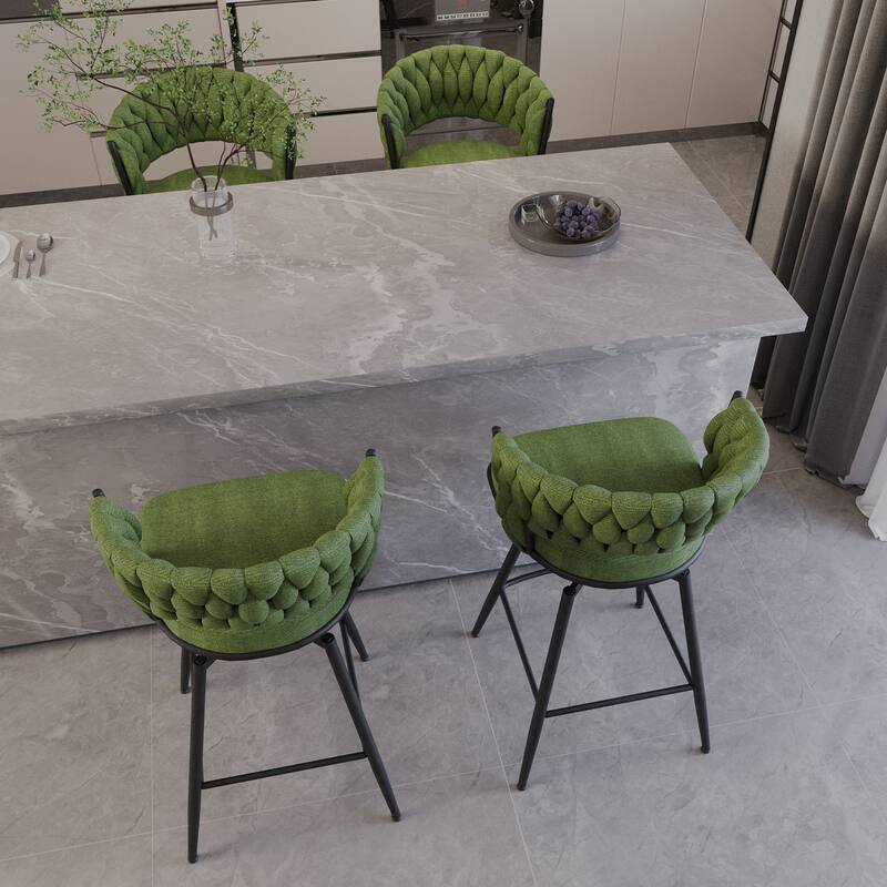 360 Swivel Suede Woven Bar Chair Set of 4, Upholstered Barstools with Metal Base