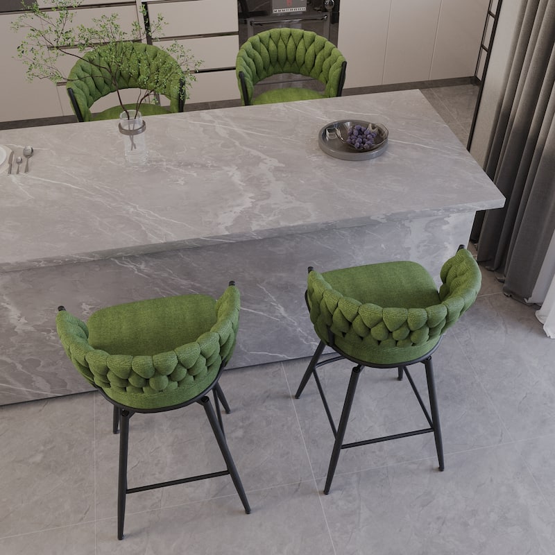 Set of 4 Green 26" Swivel Bar Stools, Suede Woven Upholstery with Back, Footrest & Black Legs