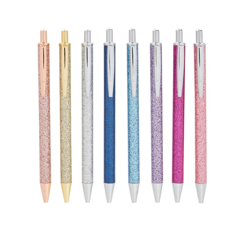 Paper Junkie 8 Pack Glitter Metal Retractable Pens, Sparkle Ballpoint Set for Office Supplies, Black Ink