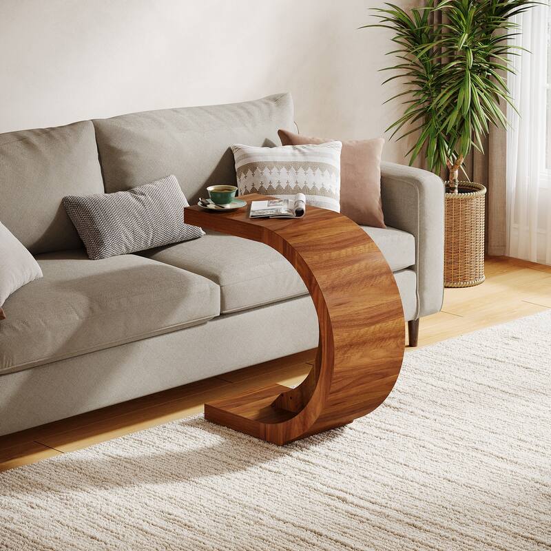 C-Shaped End Table, Wood Side Table for Couch Sofa Living Room
