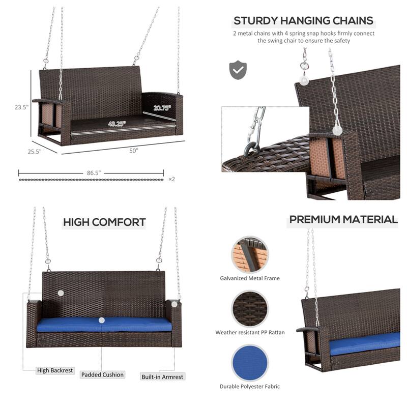 Outdoor Wicker Hanging Swing Bench with Metal Frame,550 lbs Capacity