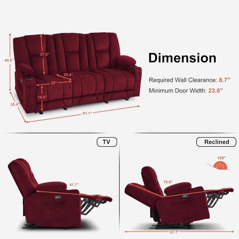 MCombo Electric Power Reclining Sofa with Massage and Lumbar Heat, Fabric 6015/6025/6035/6045