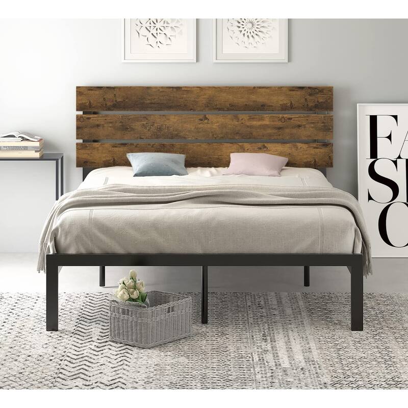 Rustic Style Platform Bed Frame Queen Size with Wood Headboard, Strong Metal Slats Support, Easy Assembly