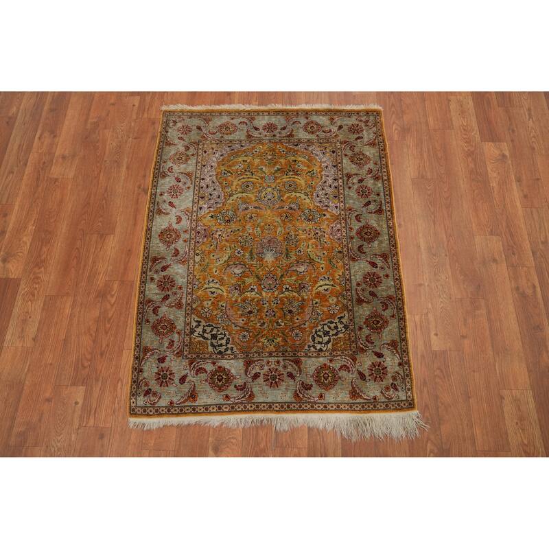 Hand Knotted Traditional Silk Orange Floral Area Rug - 3' 3'' X 2' 5''
