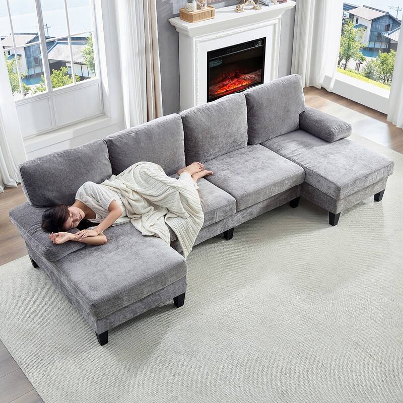 Mixoy 110"U-Shaped Sectional Couches,Chenille Fabric Upholstered Large 4-Seater Sofa with Double Chaises and Sleepable Armrest