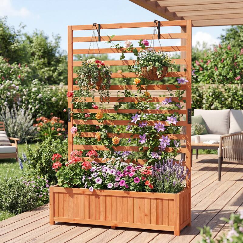 Gymax 2 PCS Wooden Raised Garden Bed w/ Vertical Trellis Liner