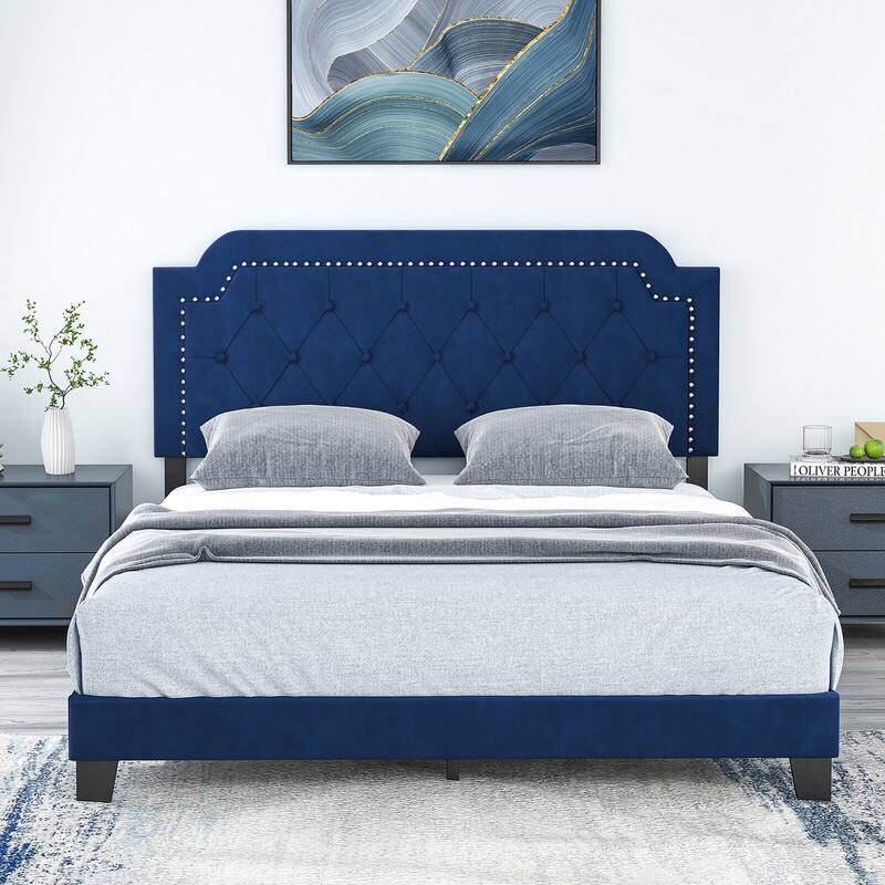 Gymax Queen Size Velvet Platform Bed w/ Button Tufted & Nailhead Trim
