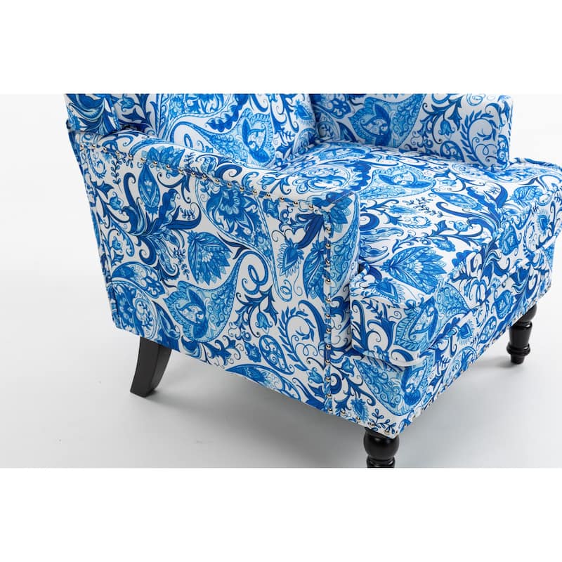 Linen Upholstered Mid Century Wood Frame Accent Chair with Nailhead for Living Room